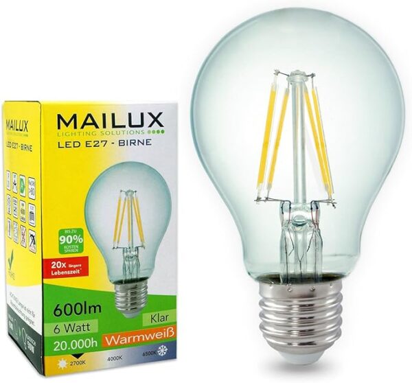 10x MAILUX REN14814 LED Energiesparlampe Glühfaden Birne Filament Lampe Fadenlampe Birne Retrodesign E27 6 Watt klar 600 lm 330° warmweiss 2700 K