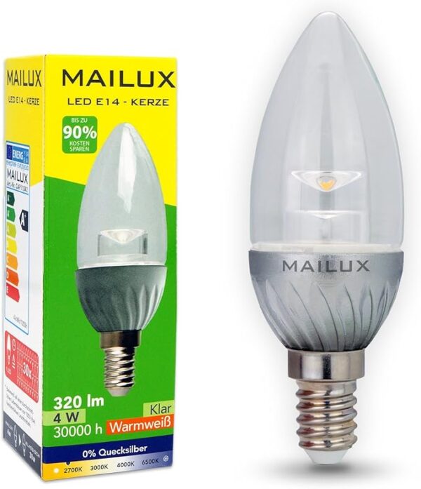 MAILUX CAF11042 LED Energiesparlampe Kerze E14 4 Watt klar 320 lm 130° warmweiss 2700 K ersetzt ca. 30 Watt 1er Pack