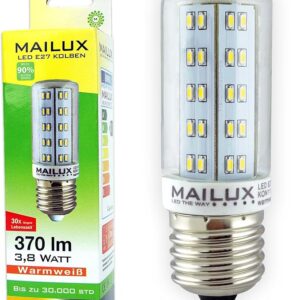 MAILUX KON11127 LED Energiesparlampe Kolben E27 3,8 Watt klar 370 lm 360° warmweiss 2700 K ersetzt ca. 35 Watt