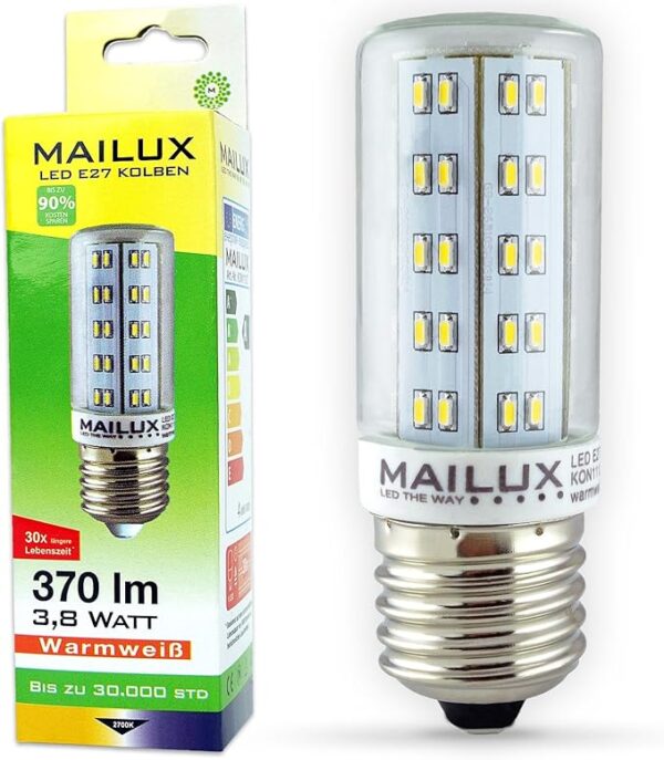 MAILUX KON11127 LED Energiesparlampe Kolben E27 3,8 Watt klar 370 lm 360° warmweiss 2700 K ersetzt ca. 35 Watt